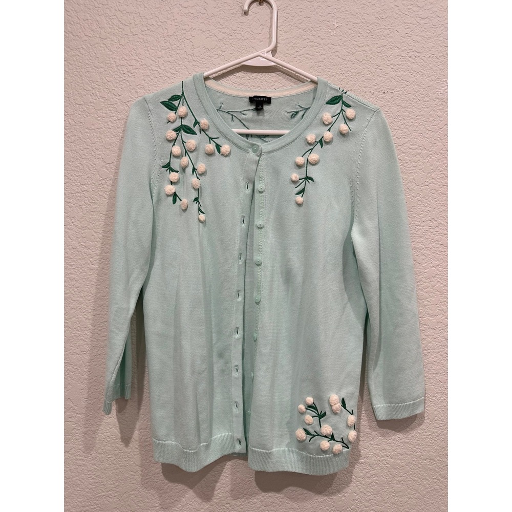 Talbots Mint Green Floral Embroidered Pom Pom Cardigan Sweater Womens Small